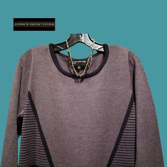 JONES NEW YORK NEW Minimalist Chic Geometric Stripe 3/4-Sleeve Sweater Dress - Picture 2 of 12